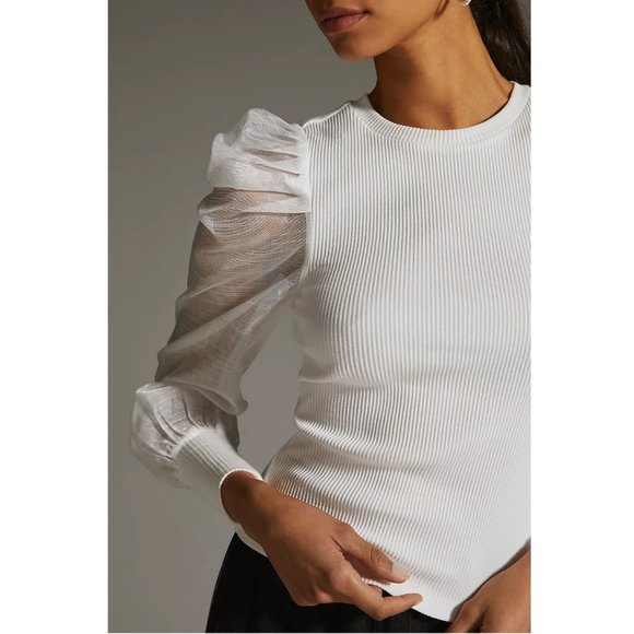 NWT Anthropologie DOLAN Left Coast Sheer-Sleeve Puff-Sleeve Top White - Small - Picture 3 of 14